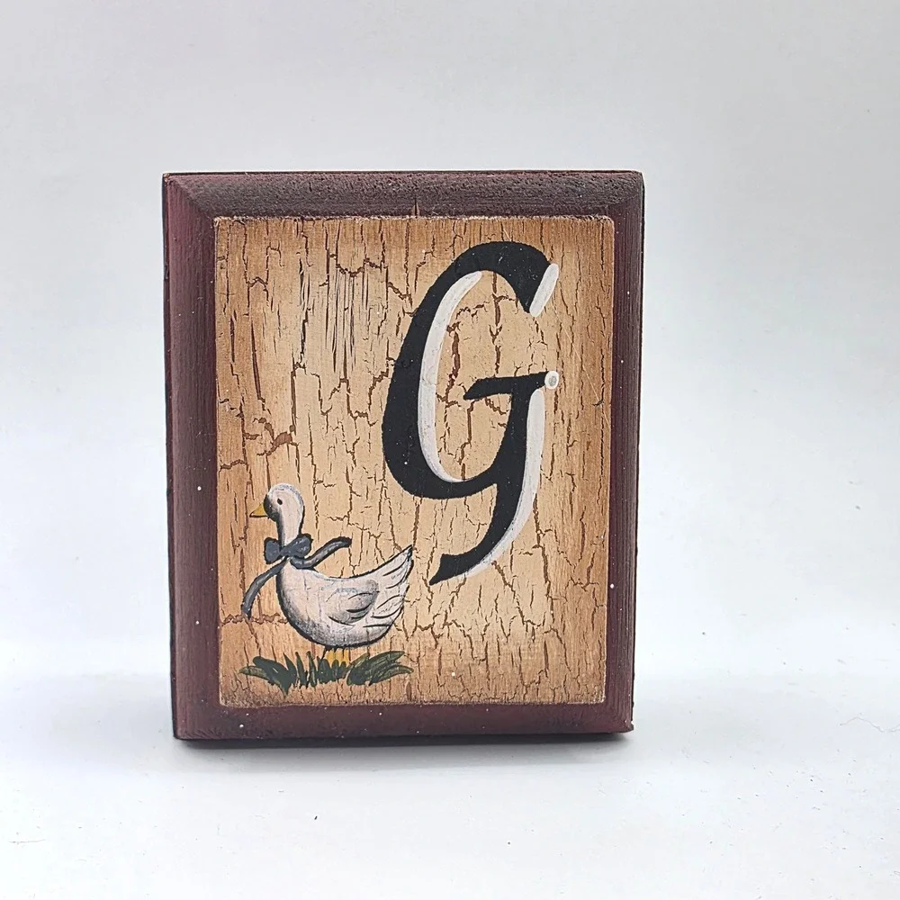 Rustic Country Goose Letter G Wood Block Sign Farmhouse Crackle Shelf Sitter 90s